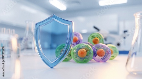 Blue shield standing on laboratory table protecting colorful virus models from infection