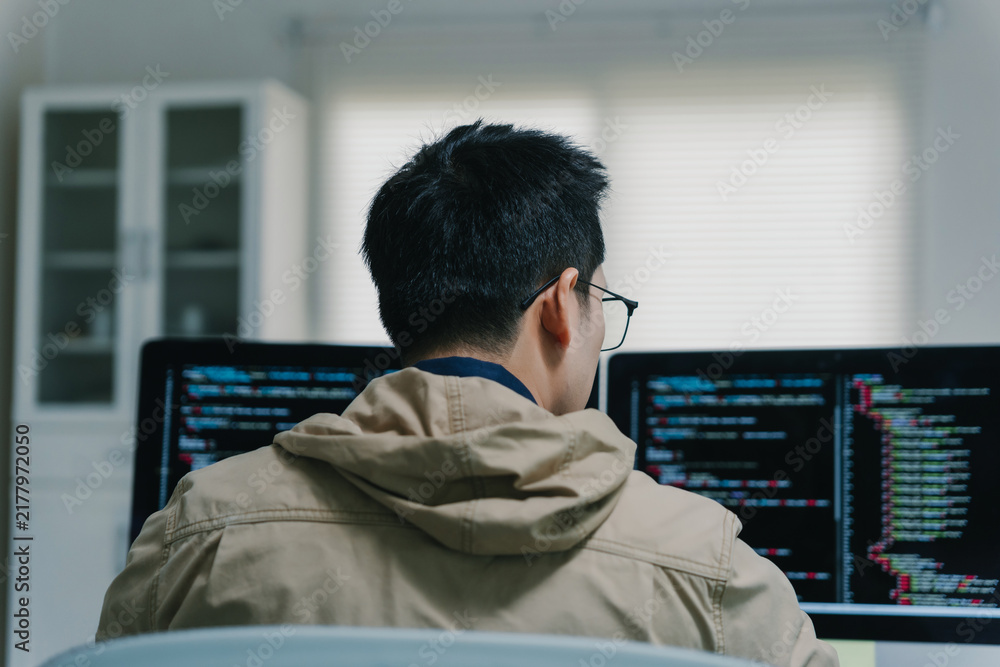 Obraz premium Programmer coding on dual monitors working from home