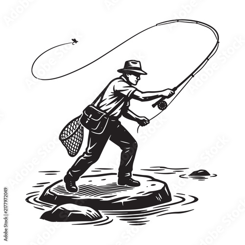 Bild auf Leinwand Black and White Fisherman Standing On Rock Fly Fishing Vector Illustration