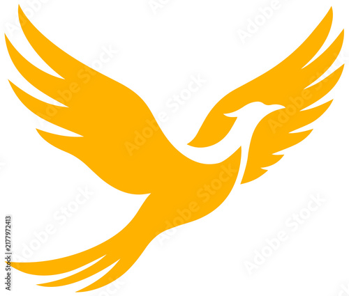 Amber elegant flying phoenix bird or firebird silhouette icon isolated on transparent PNG background