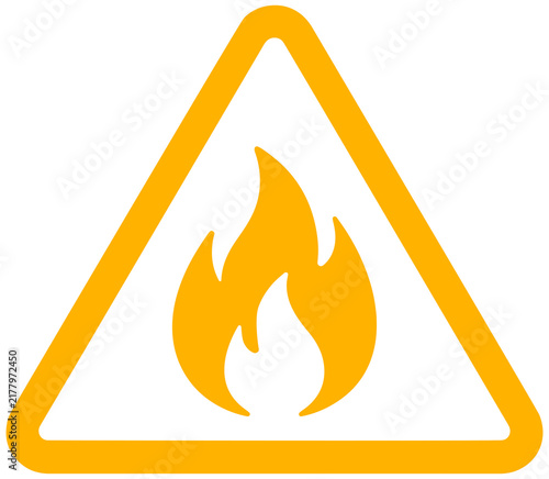 Amber flammable hazard warning sign with fire flame icon isolated on transparent PNG background