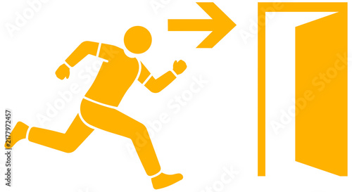 Amber emergency exit sign with running person and open door icon isolated on transparent PNG background