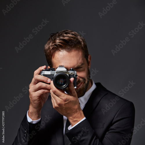 Konstfotografi Pov, photography and portrait of man in studio for event photoshoot lens and artist