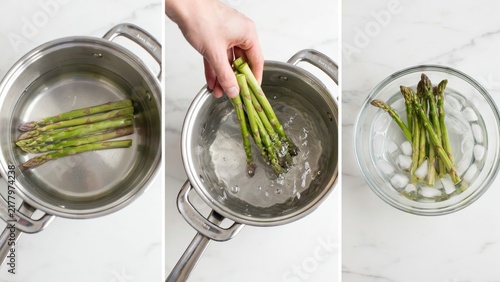 Fresh asparagus being blanched in a pot and cooled in ice water on a marble background. Illustrates healthy cooking techniques for culinary blogs and recipes.