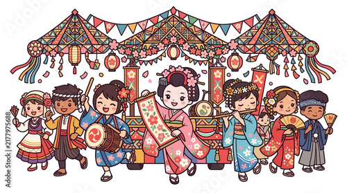 Traditional Japanese matsuri festival with kimono and lanterns.
