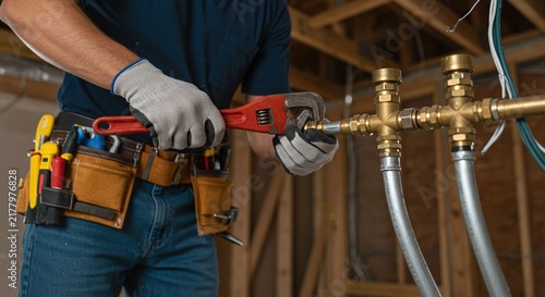 A professional's hands installing a brass valve onto a copper gas pipe. Concept of gas installation and skilled plumbing