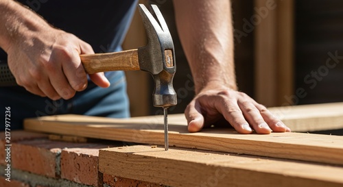 A person's hands using a hammer to drive a nail into a wooden plank on a brick base.Concept of carpentry and manual construction.