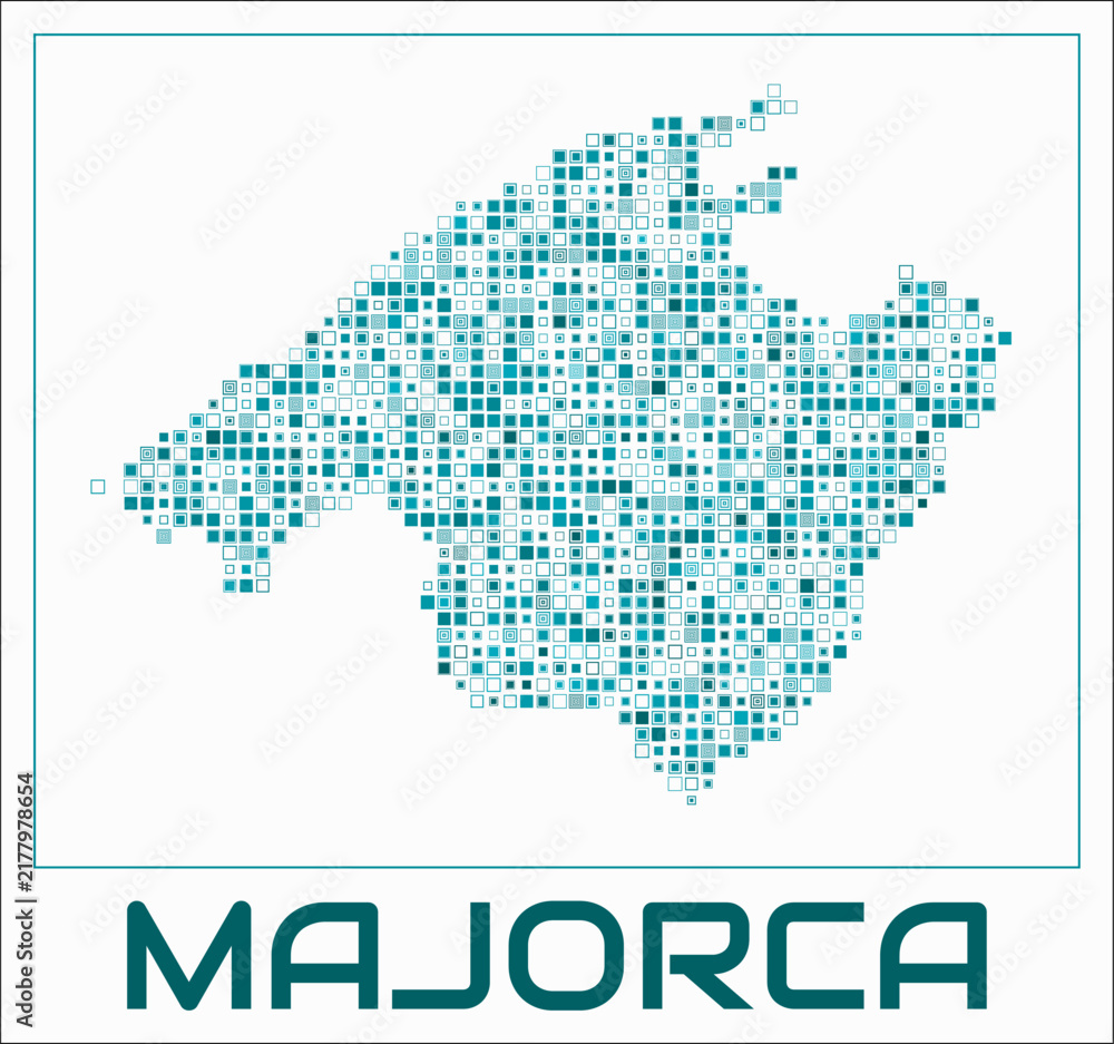 Fototapeta premium Majorca digital style map. Small square dots on white background. Dotted shape of the island. Majorca map and title. Creative vector illustration.