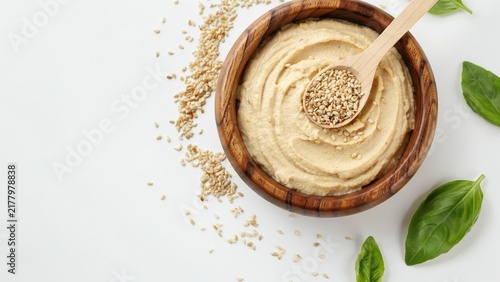 A wooden bowl filled with creamy hummus topped with toasted sesame seeds isolated on white background. Perfect for healthy Mediterranean diet and culinary recipe websites.