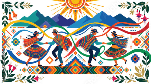 Two couples in traditional Andean clothing dancing together.