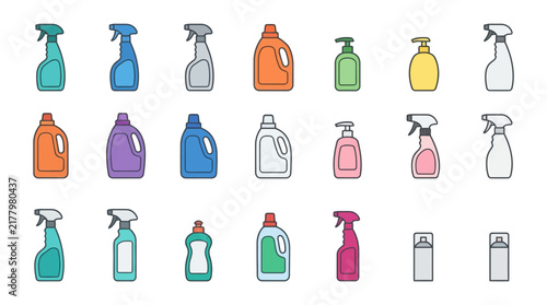 Cleaning product bottles icons set featuring sprayers and detergents in various colors
