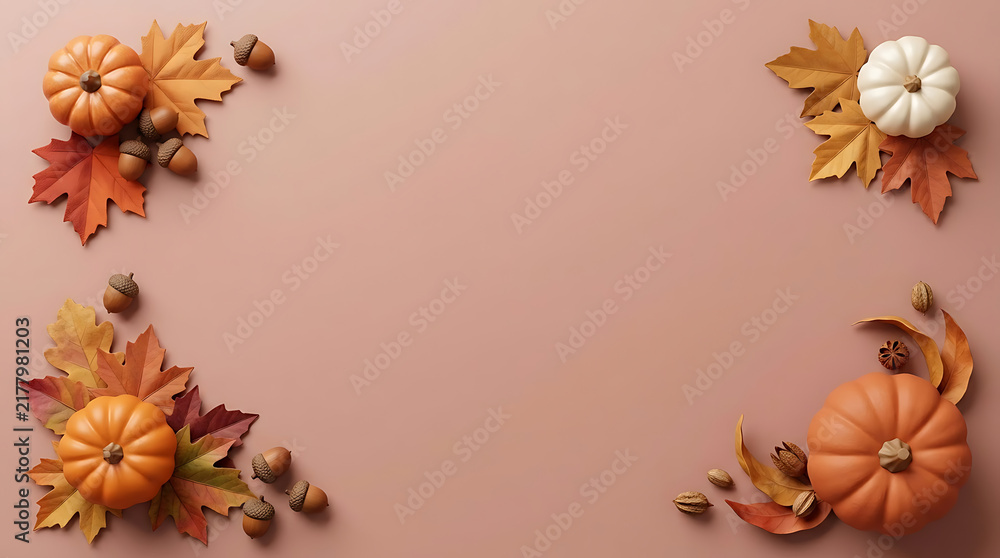 Fototapeta premium Small pumpkins and colorful dry autumn leaves arranged as a corner frame on a light brown table