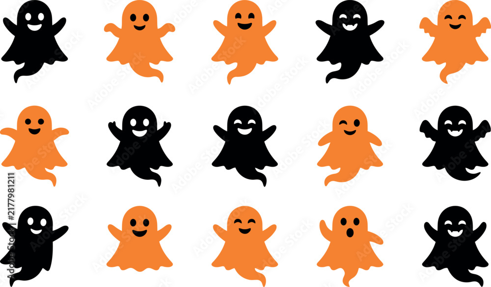 Obraz premium Set of cute halloween ghosts in orange and black colors, spooky cartoon characters for holiday design