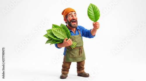 Happy farmer character presenting fresh green leaves