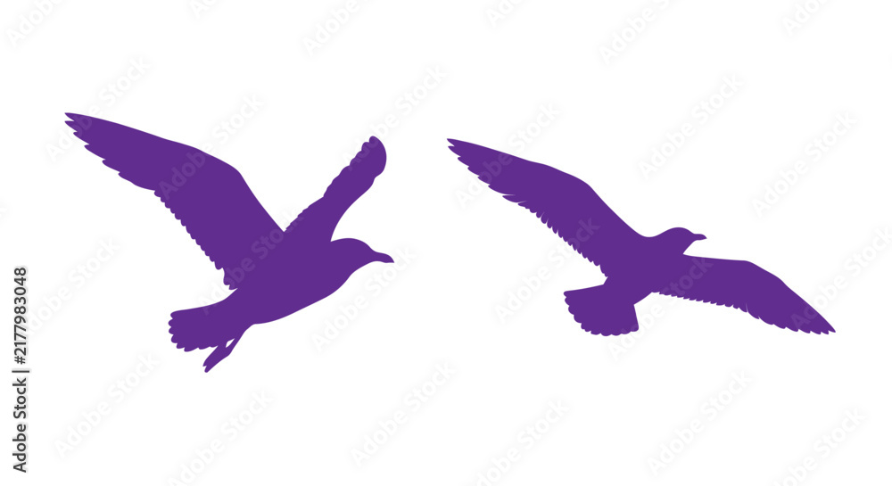 Obraz premium Purple seagull silhouettes in flight against a white background
