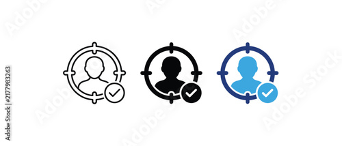 Target audience verification icon, customer targeting and profile symbol, verified user focus sign, demographic selection graphic. Vector illustration