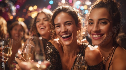 Smile, women and dance with champagne at nightclub for birthday celebration, social reunion or luxury party. Excited, friends and wine glass for new years, festival congratulations and happy hour fun