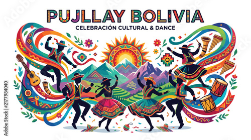 Colorful Bolivian Pujllay Festival Dancers Illustration.