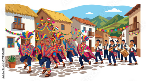 Peruvian dancers in traditional colorful costumes performing in a street procession.