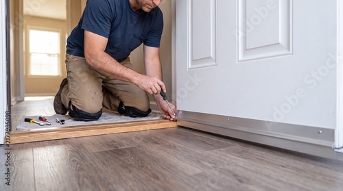 Technician Attaching Metal Weatherstrip To Residential Entryway For Draft Protection