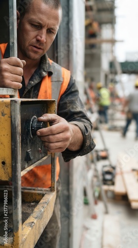 Construction Worker Operating Heavy Machinery at a Busy Urban Building Site