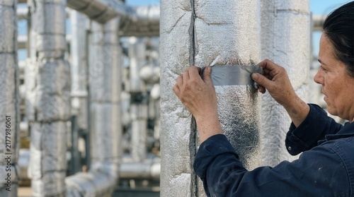 Technician performs essential maintenance on industrial thermal insulation piping securing protective metallic wrapping for energy efficiency