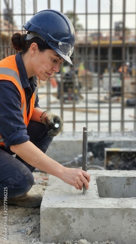 Female Civil Engineer Conducting Detailed Quality Inspection of Concrete Foundation and Reinforcing Steel Bars at a Modern Construction Site