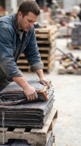 A Diligent Craftsman Carefully Stacking Protective Moving Blankets on a Wooden Pallet in a Bustling Industrial Warehouse Setting
