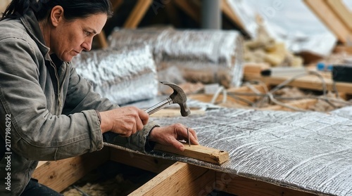 Carpenter Carefully Hammering a Nail into Wooden Beams During a Residential Home Renovation Project in an Attic Workspace Setting