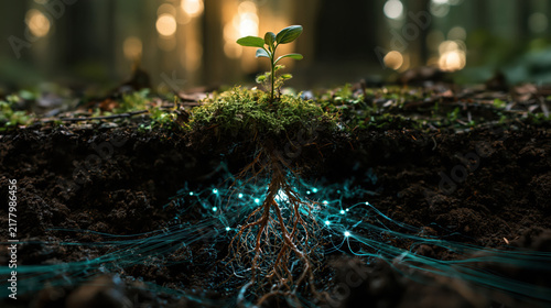 Seedling forest soil root network glowing connection growth ecology