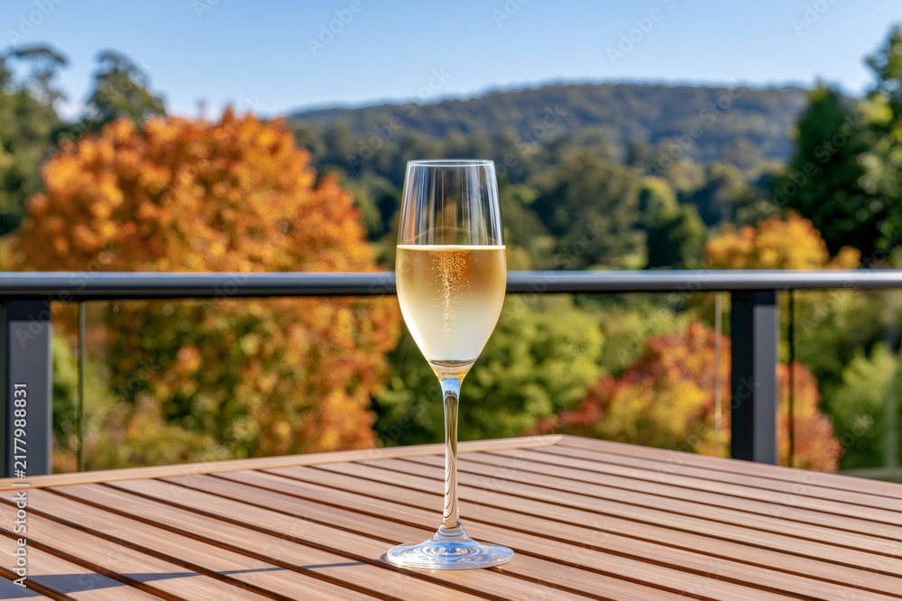 Obraz premium Champagne flute with sparkling wine on outdoor autumn terrace