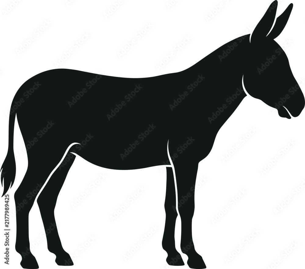 Obraz premium Black donkey standing full body side view profile graphic illustration isolated on plain white background for agricultural branding