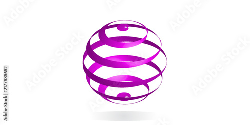 3D abstract purple globe spiral logo isolated on white background. Modern glossy sphere ribbons vector icon for global business, technology, creative agency, or corporate identity.