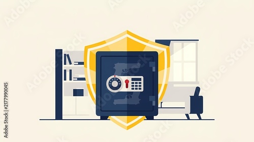 Illustration of a secure metal safe protected by a shield icon in a modern home office interior.