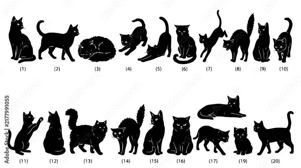 Fototapeta premium Cat silhouettes set with feline poses featuring sitting, lying, stretching, playing with curled tail and arched back with jumping and stalking