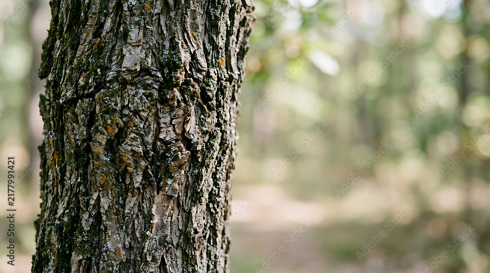 Obraz premium Tree Trunk in a Lush Forest with Detailed Bark Texture, Green Moss, Natural Woodland Vegetation and Serene Outdoor Atmosphere in Springtime
