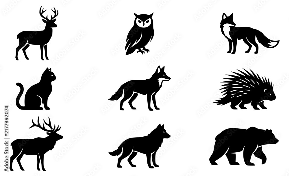 Obraz premium Animal set with silhouettes featuring deer, owl, fox, cat with bear, wolf, porcupine and rabbit