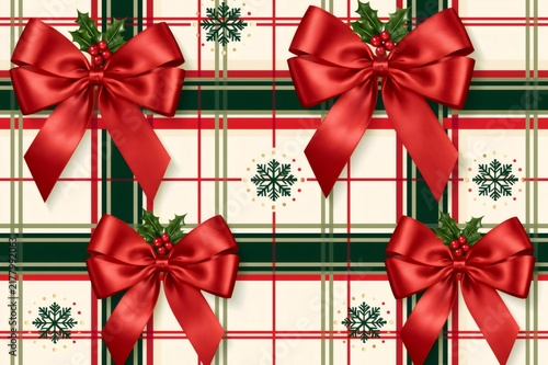 Christmas plaid pattern featuring red bows and holly