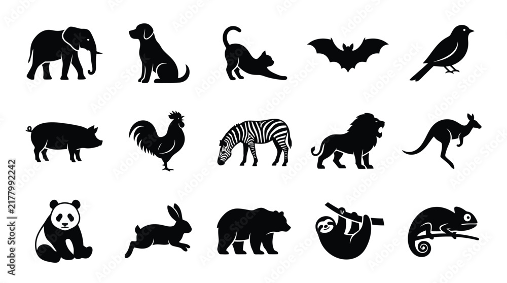 Fototapeta premium Collection of black animal silhouettes against a white background