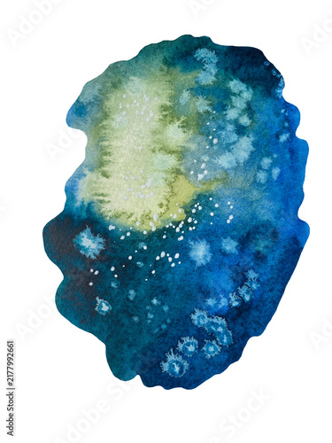 Hand-painted watercolor illustration of a blue and teal cosmic nebula with a luminous center and star-like details, isolated on a transparent background