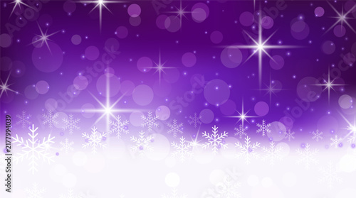 Abstract winter background with snowflakes and glowing stars in purple and white colors, festive holiday design for christmas or new year greeting card