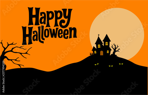 Spooky Happy Halloween background illustration featuring a black haunted house silhouette on a hill, dead tree, full moon, glowing eyes, and orange sky background. Perfect for party banners and cards