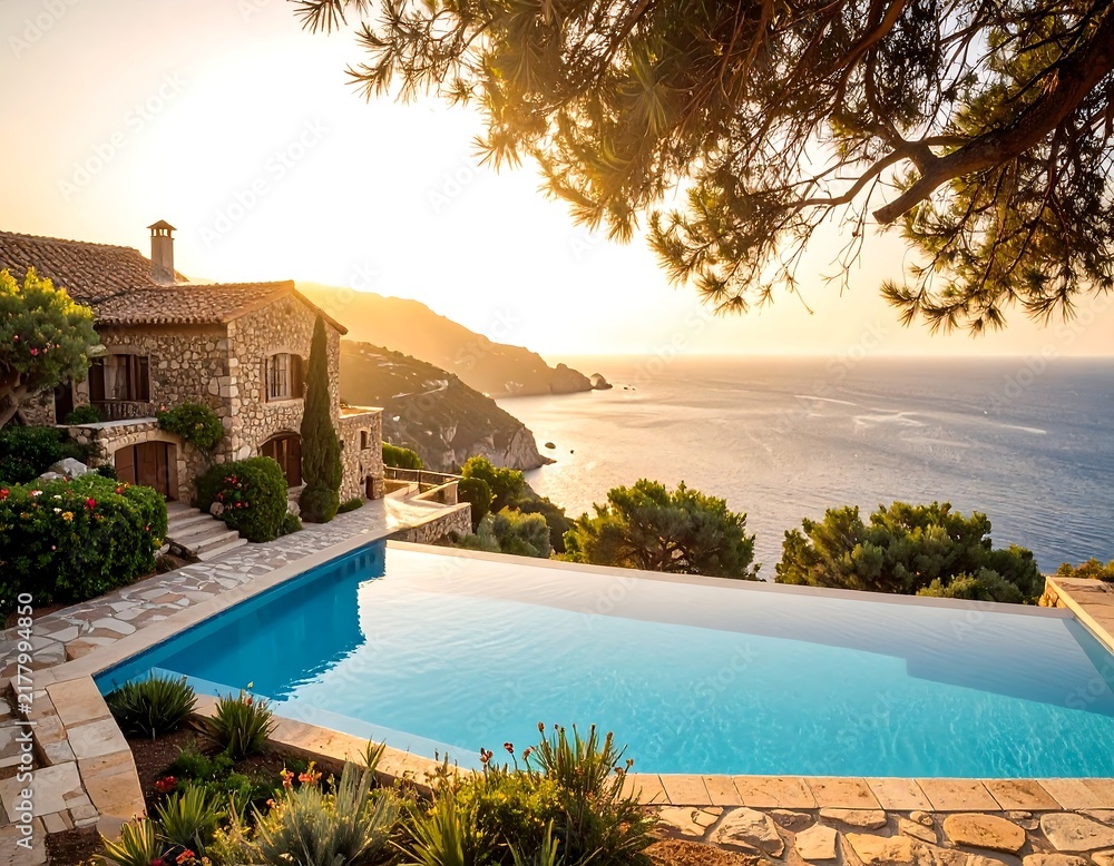 Obraz premium Stunning infinity pool overlooking the Mediterranean Sea at sunset next to a luxury stone villa. Ideal for travel marketing and upscale vacation concepts.