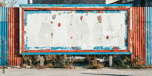 Large blank weathered billboard on urban street with peeling paint and metal fence background in industrial city neighborhood.