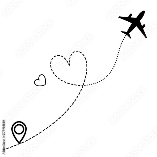 Airplane flying over heart-shaped travel route with location pin