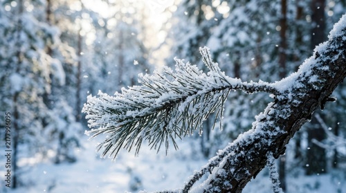 Breathtaking close up view of a snow covered pine tree branch during a serene winter snowfall in a peaceful forest wilderness landscape scenery