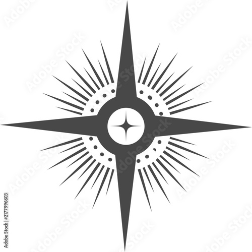 Celestial star icon with boho line art elements. Minimalist symbol featuring rays and mystical zodiac details for spiritual design projects.