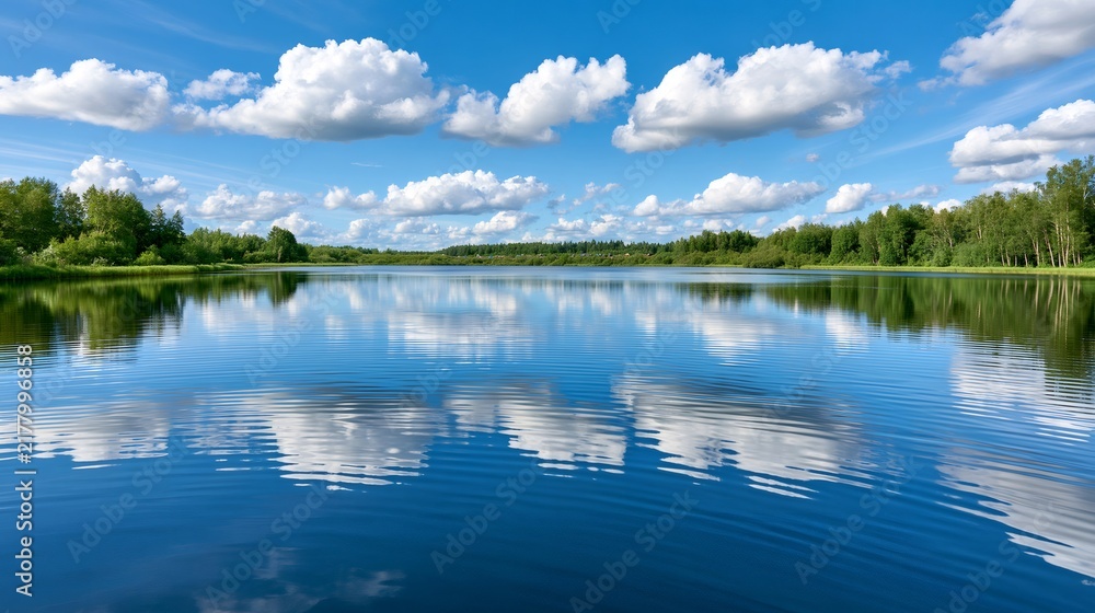 Fototapeta premium Lake reflecting blue sky with white clouds