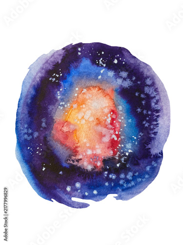 Hand-painted watercolor illustration of a purple cosmic galaxy with a bright orange and pink glowing center and star-like details, isolated on a transparent background