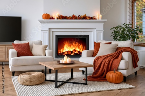 Cozy living room with autumn decor and fireplace